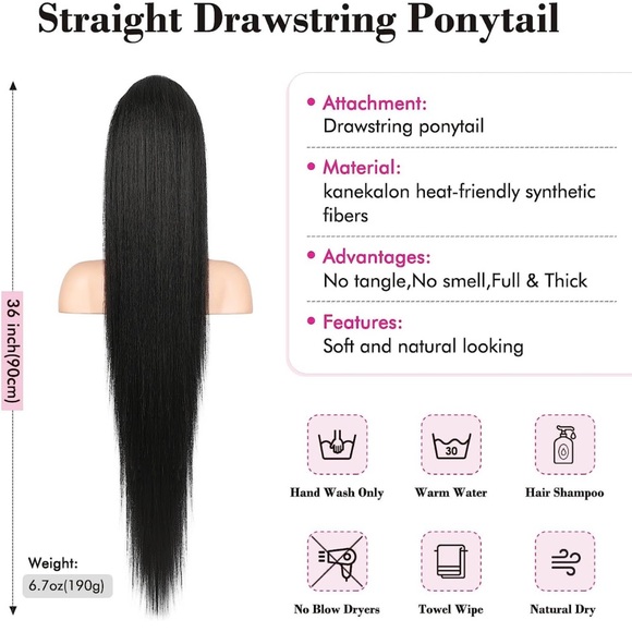 36 Inch-180 Gram Ponytail Extension, Straight Drawstring Ponytail Hair Extension - Picture 7 of 7